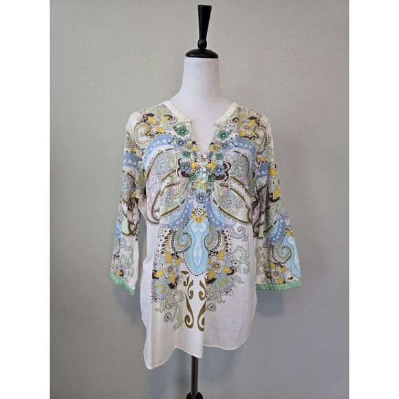 Boho Paisley Print & Knit Flowers Cotton Tunic Top 3/4 Sleeve Size L-M Artsy - Picture 1 of 8